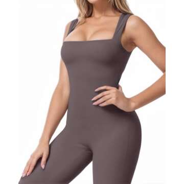 Wenlia Square Neck Flare Jumpsuit for Women, Tank Tops Wide Leg Workout Yoga Exercise Body Jumpsuit Romper Tea Leaf L
