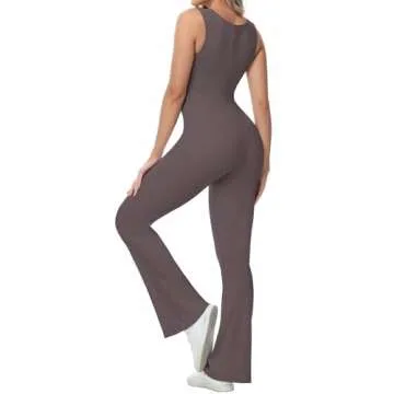 Wenlia Square Neck Flare Jumpsuit for Women, Tank Tops Wide Leg Workout Yoga Exercise Body Jumpsuit Romper Tea Leaf L