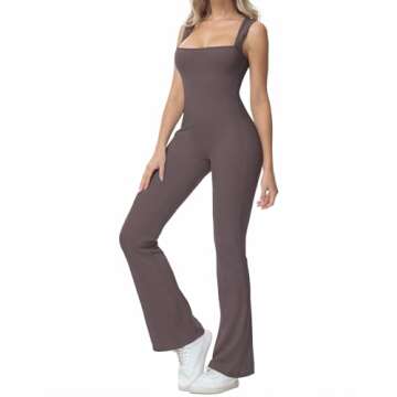 Wenlia Square Neck Flare Jumpsuit for Women, Tank Tops Wide Leg Workout Yoga Exercise Body Jumpsuit Romper Tea Leaf L