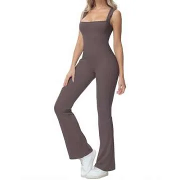 Wenlia Square Neck Flare Jumpsuit for Women, Tank Tops Wide Leg Workout Yoga Exercise Body Jumpsuit Romper Tea Leaf L