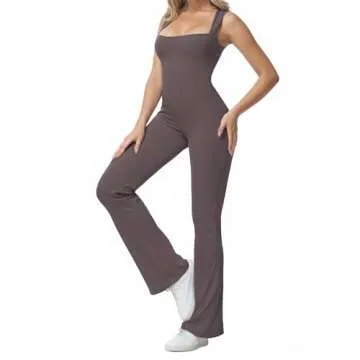 Wenlia Square Neck Flare Jumpsuit for Women, Tank Tops Wide Leg Workout Yoga Exercise Body Jumpsuit Romper Tea Leaf L