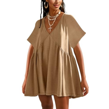 Gozoloma Women Summer Short Sleeve Mini Dress Casual Loose V Neck Flowy Sundress Vacation Tshirt Sun...