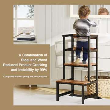 INNOD Kitchen Step Stool for Toddlers, Height Adjustable Toddler Tower with Safety Rail, Steel and W...