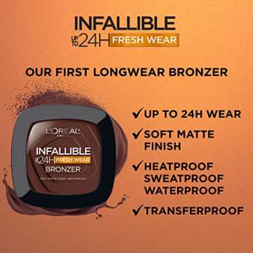 L'Oreal Paris Infallible Up to 24H Fresh Wear Soft Matte Longwear Bronzer. Waterproof, heatproof, Transfer, humidity and sweatproof, Tan, 0.31 oz