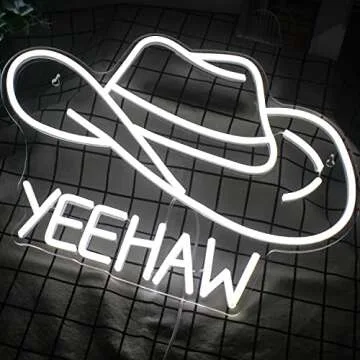 NXYX Cowboy Hat Neon Sign Cowboy LED Sign for Wall Decor USB Powered White Cowboy Hat Neon Light for Gameroom, Bedroom, Livingroom, Bar, Office, Beer Bar (16.5 x11.4 inch)