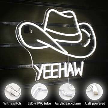 NXYX Cowboy Hat Neon Sign Cowboy LED Sign for Wall Decor USB Powered White Cowboy Hat Neon Light for Gameroom, Bedroom, Livingroom, Bar, Office, Beer Bar (16.5 x11.4 inch)