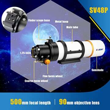 SVBONY SV48P Telescope, 90mm Aperture F5.5 Refractor OTA for Adults Beginners, Telescope for Adults ...