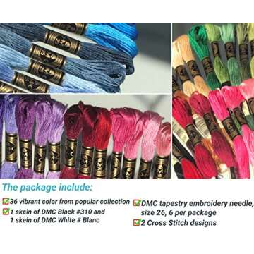 DMC Embroidery Floss Pack, Popular Colors, DMC Embroidery Thread, DMC Floss Kit Include 36 Assorted Color Bundle with DMC Mouline Cotton White/Black and DMC Cross Stitch Hand Needles.