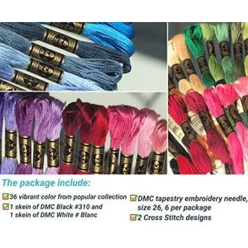 DMC Embroidery Floss Pack, Popular Colors, DMC Embroidery Thread, DMC Floss Kit Include 36 Assorted Color Bundle with DMC Mouline Cotton White/Black and DMC Cross Stitch Hand Needles.