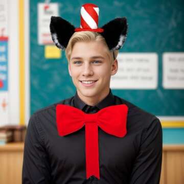 Luvfamday Cat Ears Headband with Red Stovepipe Hat Cute Headwear Cosplay Costume Accessories Funny Party Favors Women Men