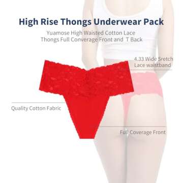 Yuamose High Waist Lace Thongs For Women Wide Gusset Underwear Plus Size High Rise Panties Cotton Thong For Women Size M Pack of 6