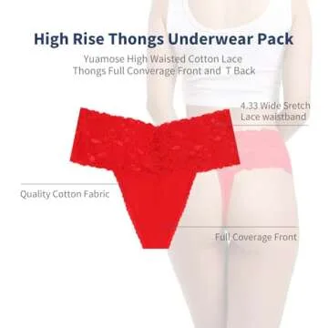 Yuamose High Waist Lace Thongs For Women Wide Gusset Underwear Plus Size High Rise Panties Cotton Thong For Women Size M Pack of 6