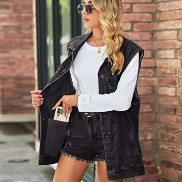 Gratoryna Womens Denim Jean Vest Oversized Sleeveless Button Down Mid Long Denim Jean Jacket(Black-M)
