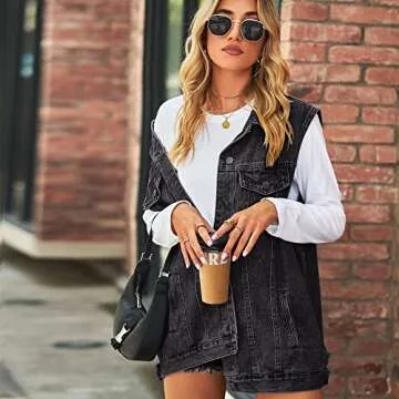 Gratoryna Womens Denim Jean Vest Oversized Sleeveless Button Down Mid Long Denim Jean Jacket(Black-M)