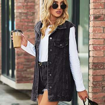 Gratoryna Womens Denim Jean Vest Oversized Sleeveless Button Down Mid Long Denim Jean Jacket(Black-M)