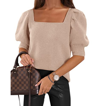 Women's Puff Short Sleeve Sweater Tops 2025 Spring Summer Trendy Casual T Shirts Blouses Light Beige