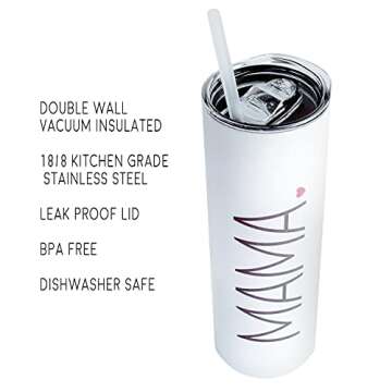 MAMA Tumbler with Lid & Straw - 18/8 Stainless Steel, Double Wall Vacuum Insulated - Travel Thermal ...