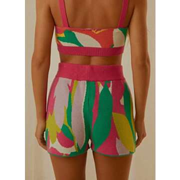 sawakaka Women's 2 Piece Knitted Sets Y2K E-Girls Floral Print Crop Tank Tops Elastic Waist Shorts Suits Summer Outfits (S, Rose Colorblock)