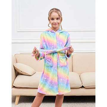 Unicorn Hooded Bathrobe Sleepwear Matching Slippers Girls Gifts (Bright Rainbow, 10-11 Years)