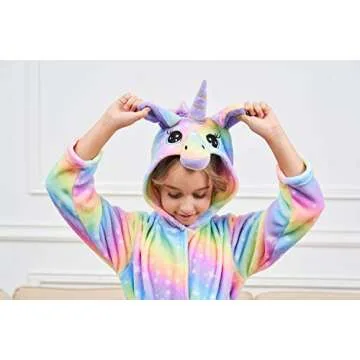 Unicorn Hooded Bathrobe Sleepwear Matching Slippers Girls Gifts (Bright Rainbow, 10-11 Years)