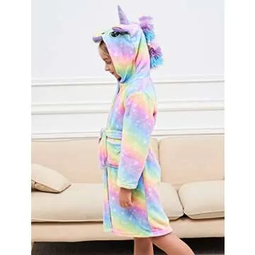Unicorn Hooded Bathrobe Sleepwear Matching Slippers Girls Gifts (Bright Rainbow, 10-11 Years)
