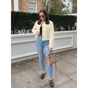 Cicy Bell Womens Cropped Tweed Blazer Jackets Collarless Button Down Business Casual Outfits with Po...