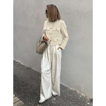 Cicy Bell Womens Cropped Tweed Blazer Jackets Collarless Button Down Business Casual Outfits with Pockets White