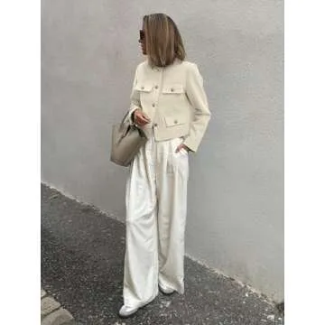 Cicy Bell Womens Cropped Tweed Blazer Jackets Collarless Button Down Business Casual Outfits with Pockets White