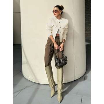 Cicy Bell Womens Cropped Tweed Blazer Jackets Collarless Button Down Business Casual Outfits with Pockets White