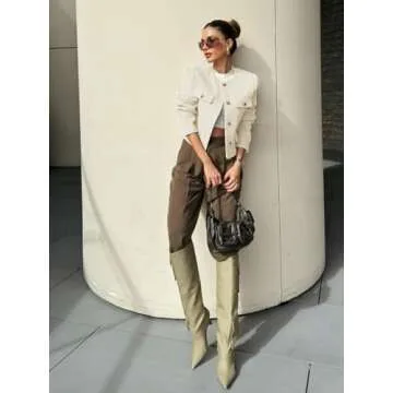 Cicy Bell Womens Cropped Tweed Blazer Jackets Collarless Button Down Business Casual Outfits with Pockets White