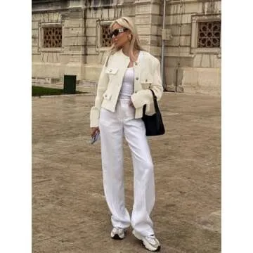 Cicy Bell Womens Cropped Tweed Blazer Jackets Collarless Button Down Business Casual Outfits with Pockets White