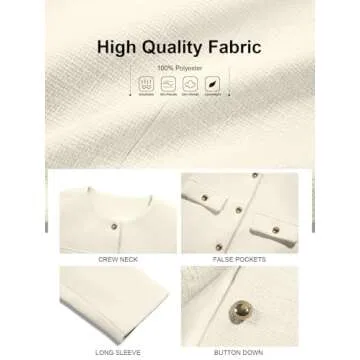 Cicy Bell Womens Cropped Tweed Blazer Jackets Collarless Button Down Business Casual Outfits with Pockets White