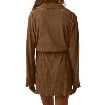 LYANER Women's Collar V Neck Button Down Pleated Long Sleeve Mini Shirt Dress with Belt Brown Medium