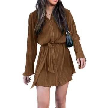 LYANER Women's Collar V Neck Button Down Pleated Long Sleeve Mini Shirt Dress with Belt Brown Medium
