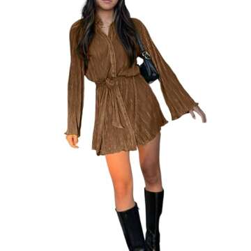 LYANER Women's Collar V Neck Button Down Pleated Long Sleeve Mini Shirt Dress with Belt Brown Medium