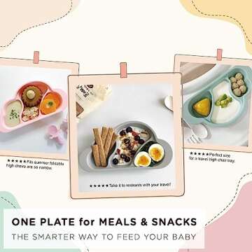 Mother's Corn Suction Plate for Baby | Divided Food-Grade 100% Silicone Feeding Bowls and Dishes for Kids, Infants & Toddlers - BPA-Free, Microwave, Dishwasher & Oven Safe | Cloud Design | Grey