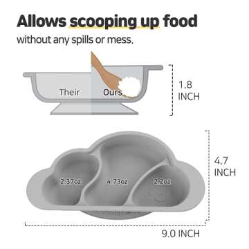 Mother's Corn Suction Plate for Baby | Divided Food-Grade 100% Silicone Feeding Bowls and Dishes for Kids, Infants & Toddlers - BPA-Free, Microwave, Dishwasher & Oven Safe | Cloud Design | Grey