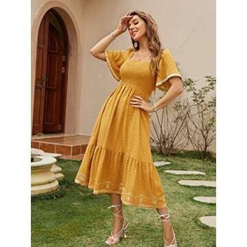 Glamaker Women's Short Sleeve Smocked Square Neck A Line Summer Flowy Midi Dress
