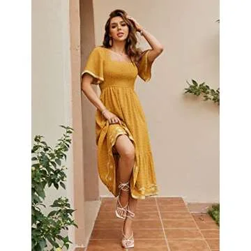 Glamaker Women's Short Sleeve Smocked Square Neck A Line Summer Flowy Midi Dress