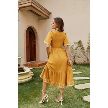 Glamaker Women's Short Sleeve Smocked Square Neck A Line Summer Flowy Midi Dress