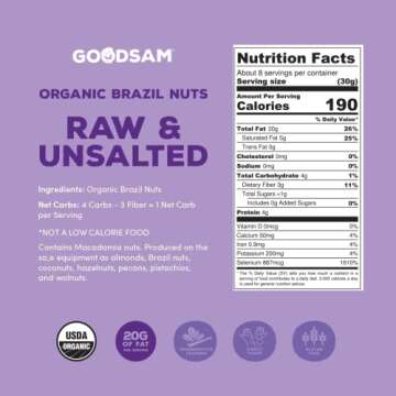 GoodSAM Organic Raw Brazil Nuts 0.5lb, Unsalted, Gluten Free, Non GMO, Vegan, Keto, Regenerative Farming, Direct Trade