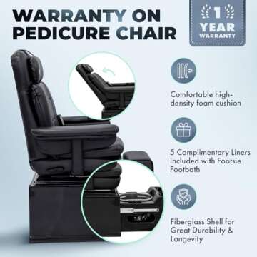 Pibbs PS92 Fiberglass Plumbing Free Pedicure Spa Featuring The Footsie Bath Tub with Disposable Liners, Swivel Chair That Reclines with 6 Vibration Functions & Adjustable Footrest, PIB-PS92