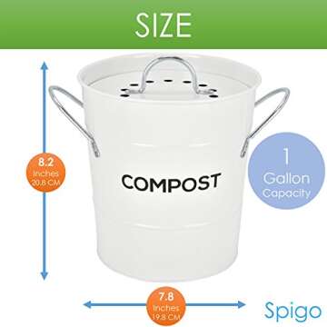 Indoor Kitchen Compost BIN by Spigo, Great for Food Scraps, Includes Charcoal Filter for Odor Absorbing, Removable Clean Plastic Bucket, Handles, Durable Stainless Retro Design, 1 Gallon, White
