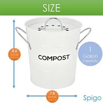 Indoor Kitchen Compost BIN by Spigo, Great for Food Scraps, Includes Charcoal Filter for Odor Absorbing, Removable Clean Plastic Bucket, Handles, Durable Stainless Retro Design, 1 Gallon, White