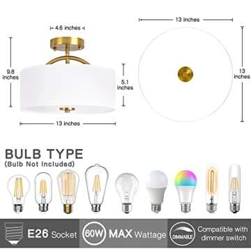 Bargeni Flush Mount Ceiling Light,13 inch Mid Century Modern Ceiling Light Fixture,Antique Brass wit...