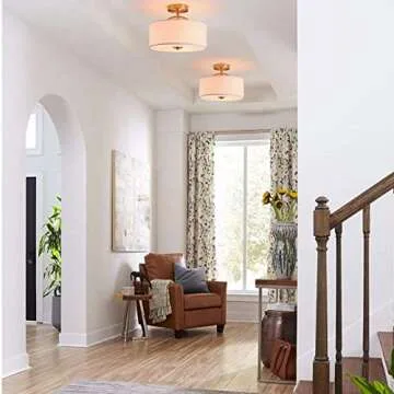 Bargeni Flush Mount Ceiling Light,13 inch Mid Century Modern Ceiling Light Fixture,Antique Brass with Fabric Shade,3-Light Drum Light Fixture for Bedroom,Dinning Room,Foyer and Kitchen