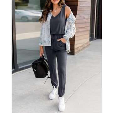 KIRUNDO Women's 2025 Summer Jumpsuits Casual Sleeveless Jumpsuit Drawstring Waist Long Pant Romper Pajama with Pockets(Dark Grey, XX-Large)