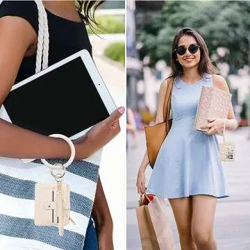 COOLANS Wristlet Bracelet Keychain Card Holder Card Pocket PU Leather Purse Tassel Keychain Bangle Key Ring for Women Girls (Card & Id Holder Purse 08 Litchi Pattern Creamy Grey)