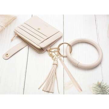 COOLANS Wristlet Bracelet Keychain Card Holder Card Pocket PU Leather Purse Tassel Keychain Bangle Key Ring for Women Girls (Card & Id Holder Purse 08 Litchi Pattern Creamy Grey)