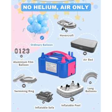 Kusamue Electric Balloon Pump, Balloon Inflator Machine for Balloons at Home, Portable Dual Nozzle Air Pump Balloon Inflator/Blower Bulk Balloons Filling for Kids Party Decoration(Blue,110V)